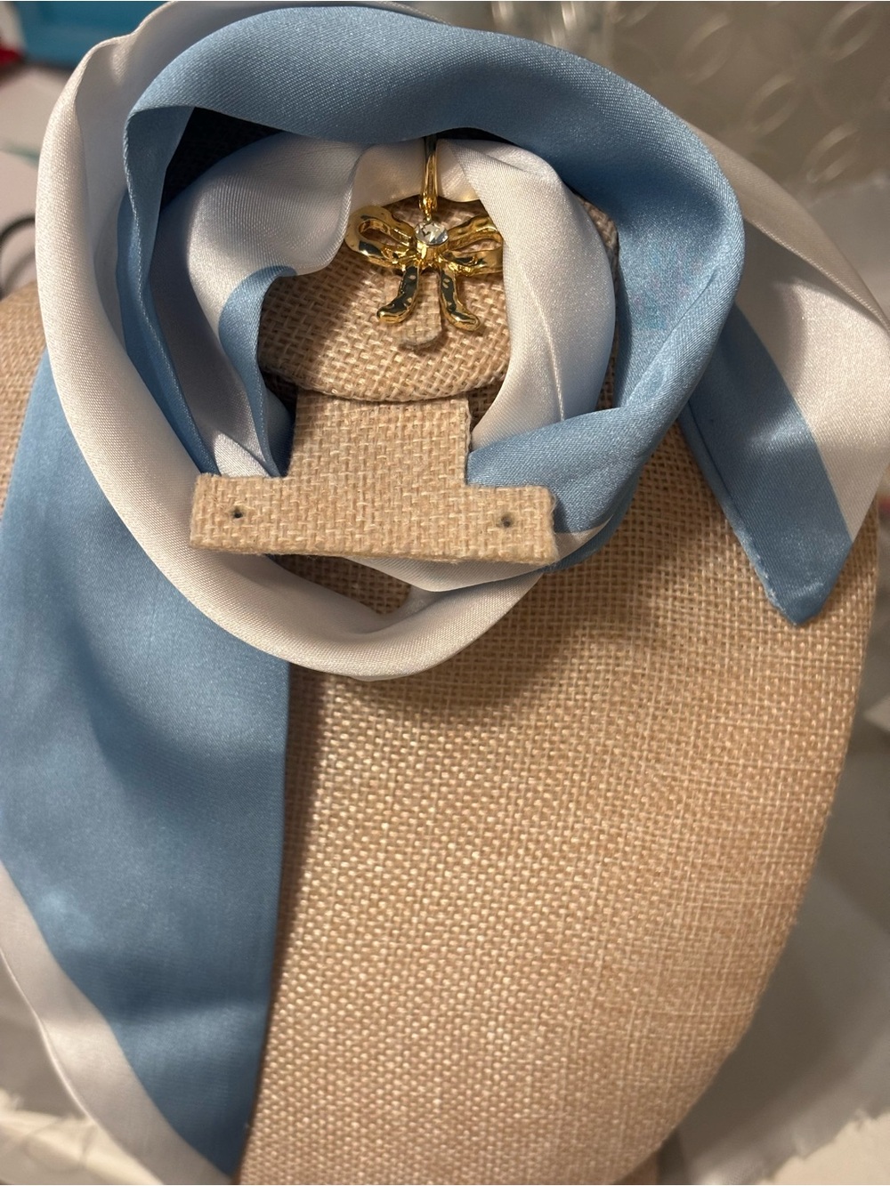 Silk like Scarf Necklace/Twilly UNC  colors with bow charm Light Blue and White